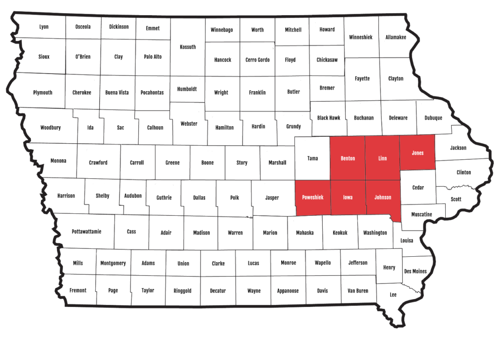 State of Iowa counties map highlighting Benton, Iowa, Johnson, Jones, Linn and Poweshiek counties for IBEW405 Jurisdiction